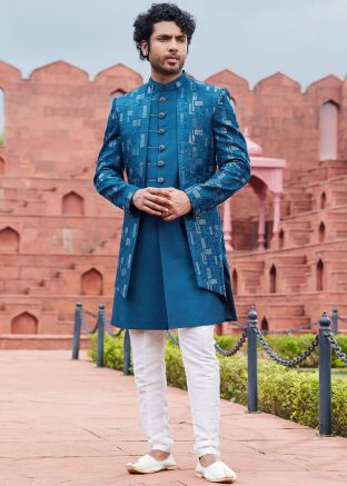 Mens Blue Indo Western Sherwani In Thread Embroidery