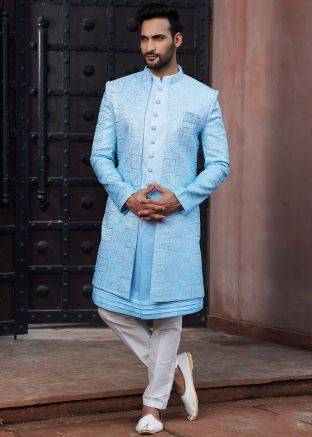 Blue Embroidered Jacket Style Indo Western Sherwani