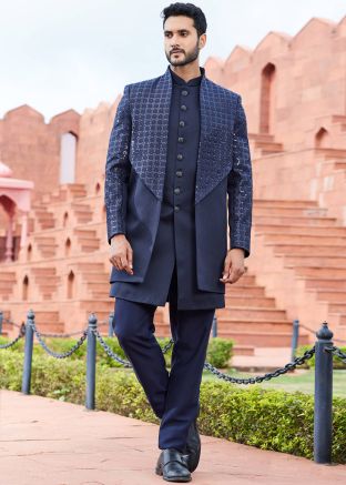 Navy Blue Embroidered Indo Western Sherwani & Jacket