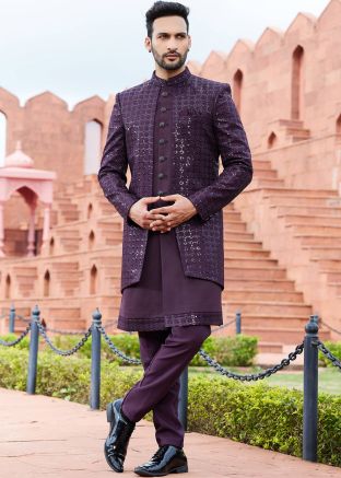 Purple Embroidered Indo Western Sherwani Set