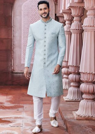 Pastel Blue Embroidered Art Silk Mens Sherwani Set