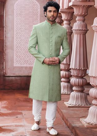 Green Art Silk Mens Sherwani Set In Thread Embroidery