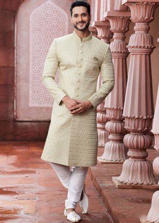 Beige Thread Embroidered Art Silk Mens Sherwani Set