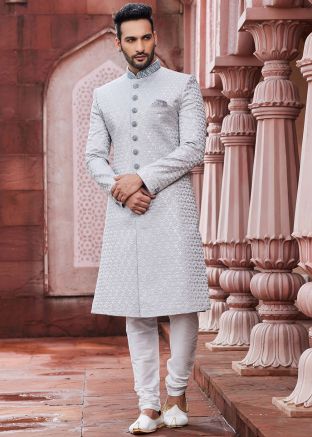 Grey Art Silk Mens Sherwani Set In Thread Embroidery