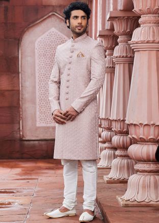 Mauve Pink Art Silk Mens Sherwani In Thread Embroidery
