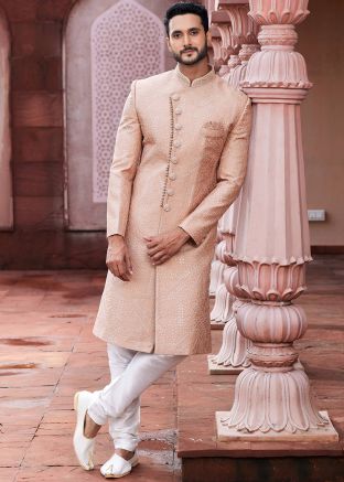 Orange Embroidered Art Silk Mens Sherwani Set 