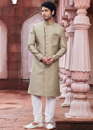 Green Art Silk Mens Sherwani Set In Thread Embroidery
