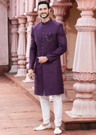 Purple Art Silk Thread Embroidered Sherwani Set