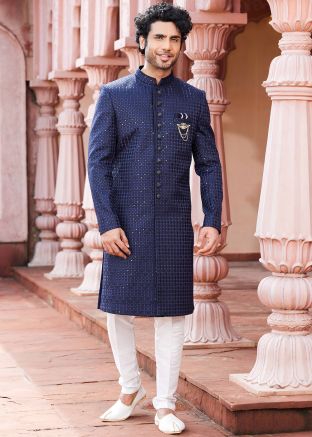 Blue Thread Embroidered Art Silk Mens Sherwani Set