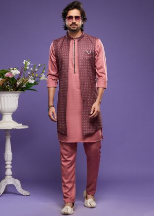 Pink Readymade Art Silk Kurta Pajama & Long Jacket 