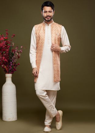 White Readymade Art Silk Kurta Pajama With Long Jacket 