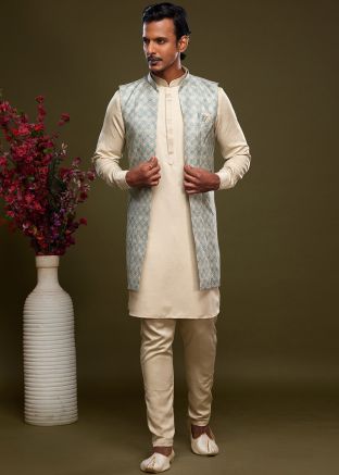 White Readymade Art Silk Kurta Pajama With Jacket In Print