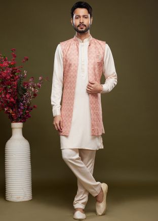 White Readymade Kurta Pajama With Long Jacket In Art Silk