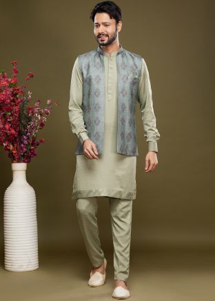 Green Printed Readymade Kurta Pajama & Nehru Jacket In Art Silk
