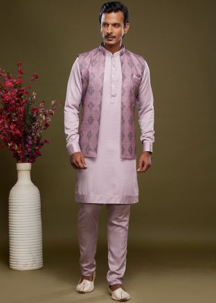Pink Readymade Art Silk Kurta Pajama & Nehru Jacket 