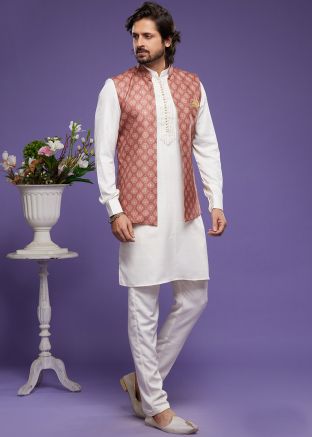 White Readymade Art Silk Kurta Pajama With Nehru Jacket In Print