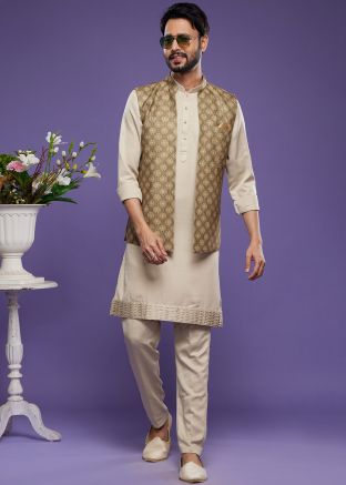Beige Readymade Printed Art Silk Kurta Pajama In Nehru Jacket Style