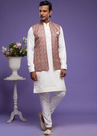 White Readymade Art Silk Kurta Pajama With Nehru Jacket 