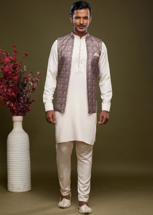 White Readymade Art Silk Kurta Pajama With Nehru Jacket 
