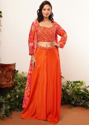 Orange Embroidered Crop Top With Palazzo & Jacket