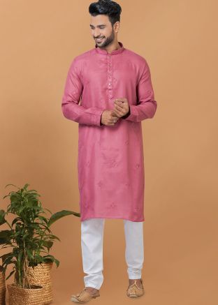 Pink Sequins Embellished Mens Kurta Pajama In Cotton