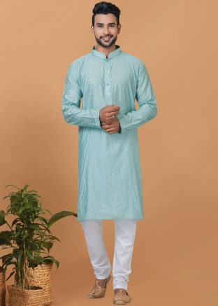Blue Sequins Embellishment Mens Kurta Pajama In Viscose
