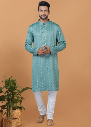 Blue Embellished Mens Kurta Pajama In Art Silk