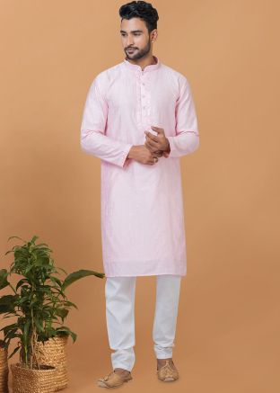 Pink Thread Embroidered Mens Kurta Pajama In Viscose