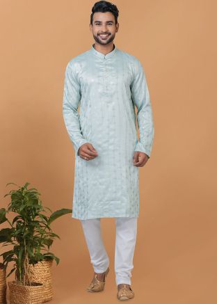 Blue Sequins Embellished Art Silk Mens Kurta Pajama 