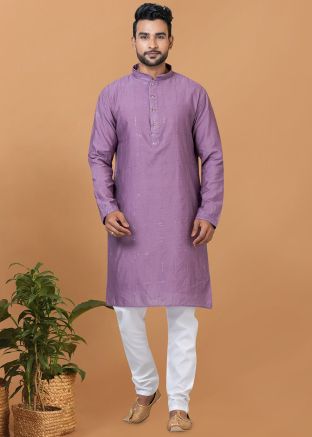 Purple Sequins Embellished Mens Kurta Pajama In Viscose