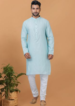 Blue Embellished Mens Kurta Pajama In Viscose