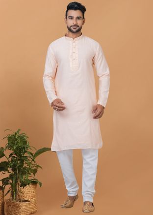Peach Viscose Mens Kurta Pajama In Thread Embroidered