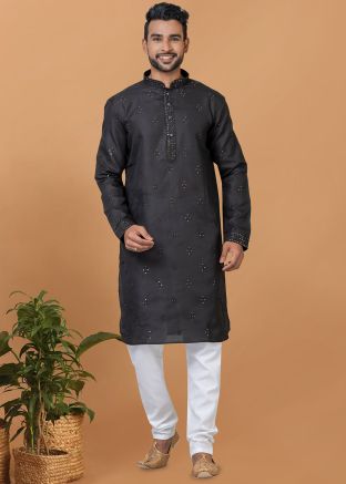 Blue Sequins Embellished Cotton Mens Kurta Pajama 