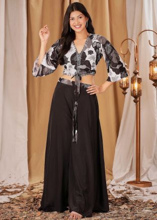 White & Black Printed Crape Readymade Crop Top With Palazzo 