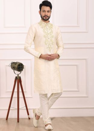 Cream Embroidered Mens Kurta Pajama