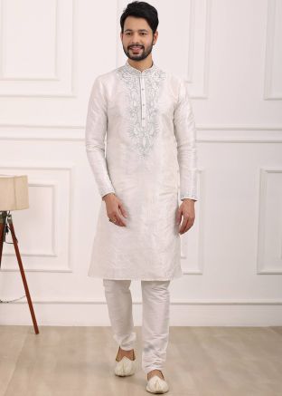 Off- White Embroidered Kurta Pajama