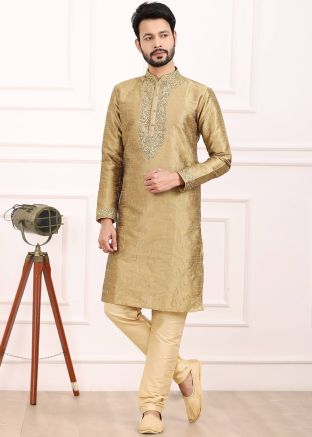Brown Embroidered Kurta Pajama In Banarasi Silk