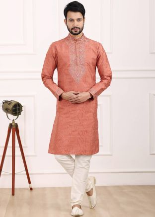 Orange Embroidered Kurta Pajama