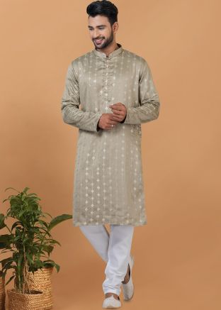 Beige Sequins Embroidered Kurta Pajama