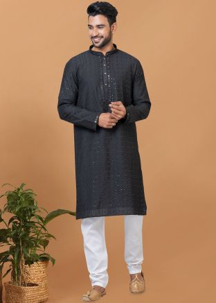 Black Sequins Embroidered Kurta Pajama In Cotton