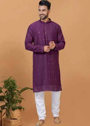 Purple Cotton Kurta Pajama In Embroidery