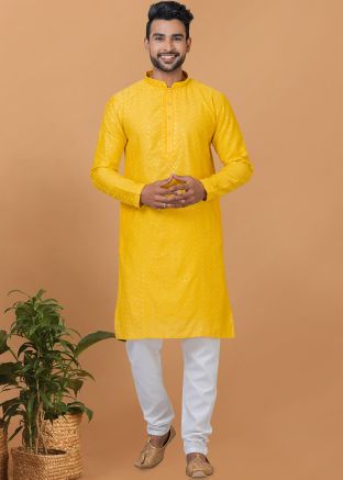 Yellow Sequins Embroidered Kurta Pajama In Cotton