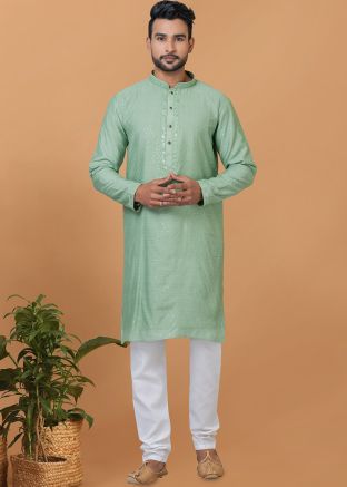 Green Sequins Embroidered Kurta Pajama In Cotton