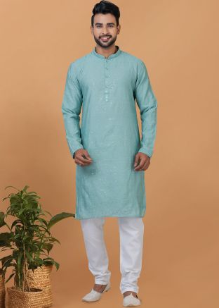 Blue Cotton Mens Kurta Pajama