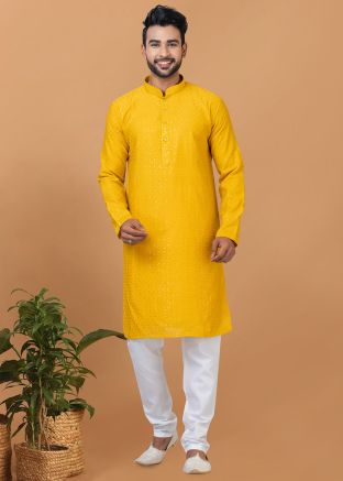 Yellow Sequins Embroidered Kurta Pajama