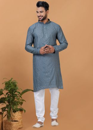 Grey Sequins Embroidered Kurta Pajama In Cotton