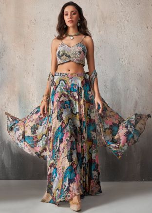Multicolor Cape Style Readymade Crop Top with Sharara