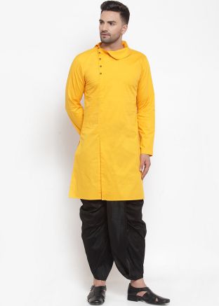 Mens Yellow Cotton Kurta Dhoti Set