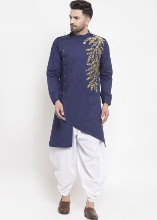 Navy Blue Embroidered Dhoti Kurta In Cotton