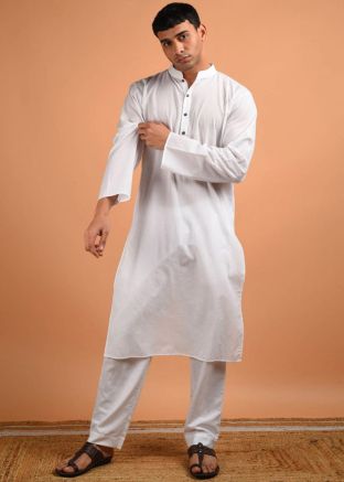 Mens White Plain Kurta Pajama Set